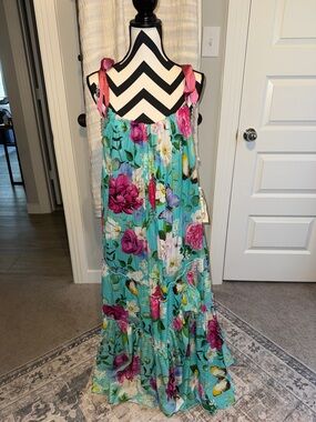 Floral Aratta NWT Tie-Shoulder Maxi Dress in Aqua